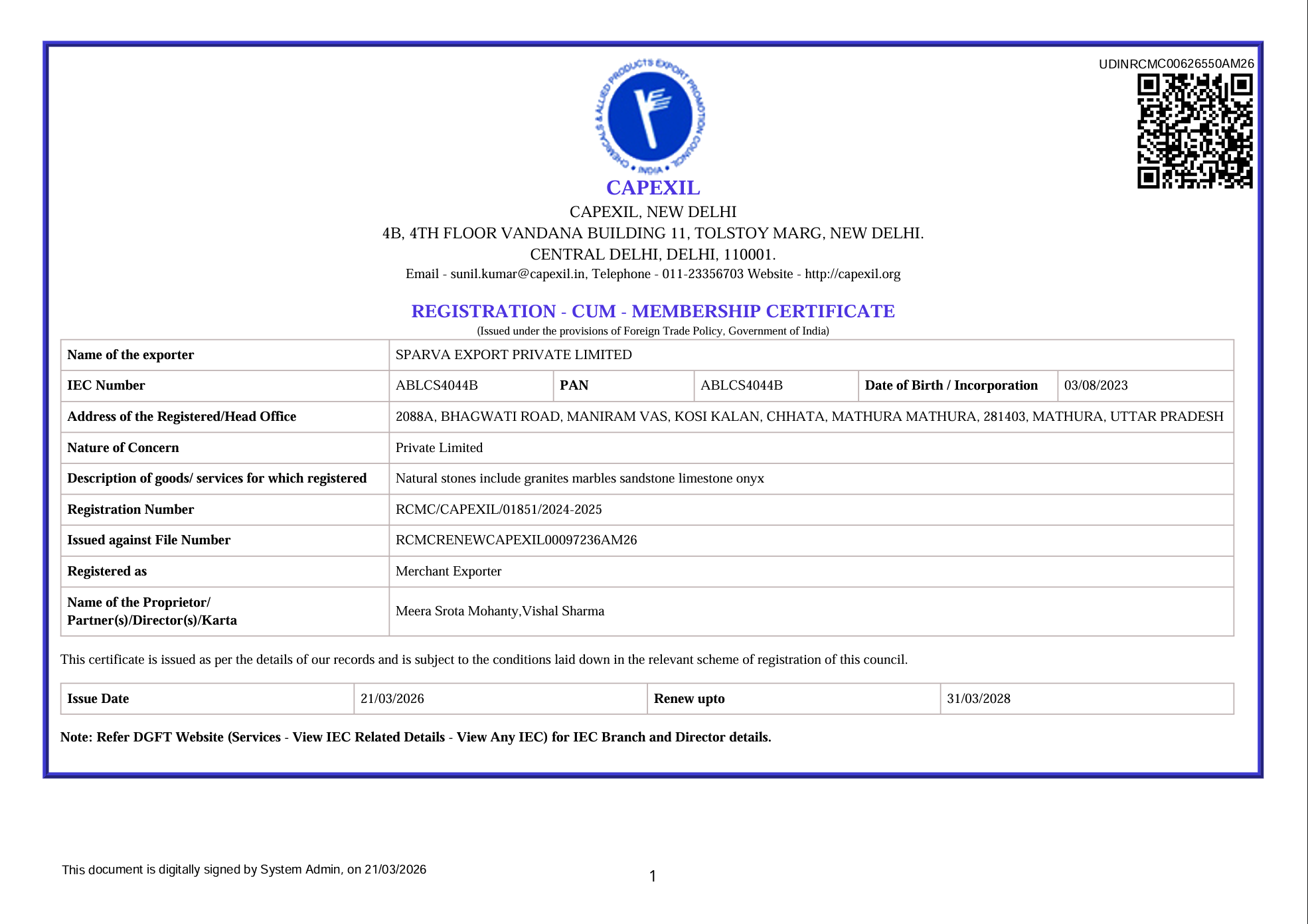 CAPEXIL Registration-cum-Membership Certificate