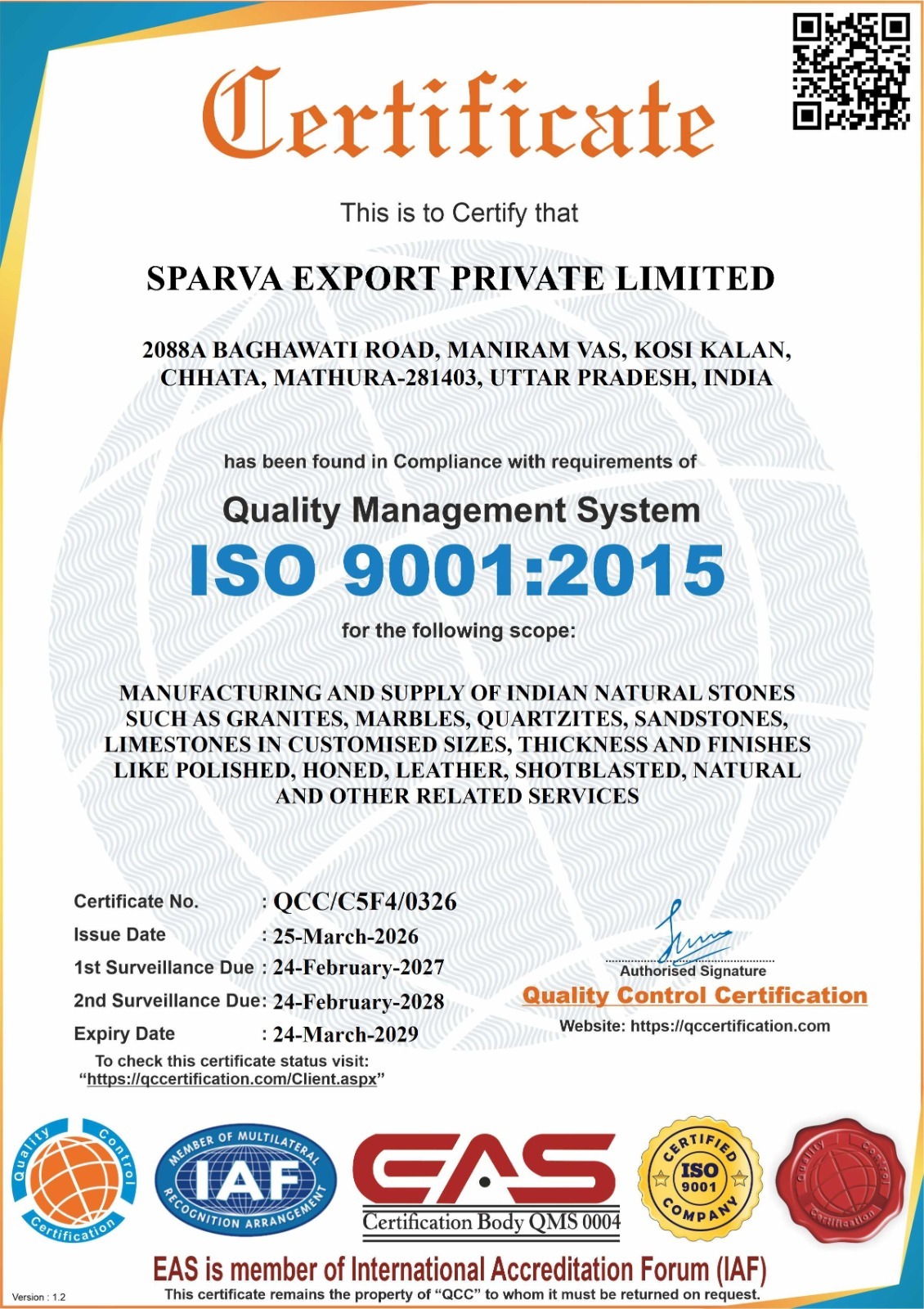 ISO 9001:2015 Quality Management Certificate